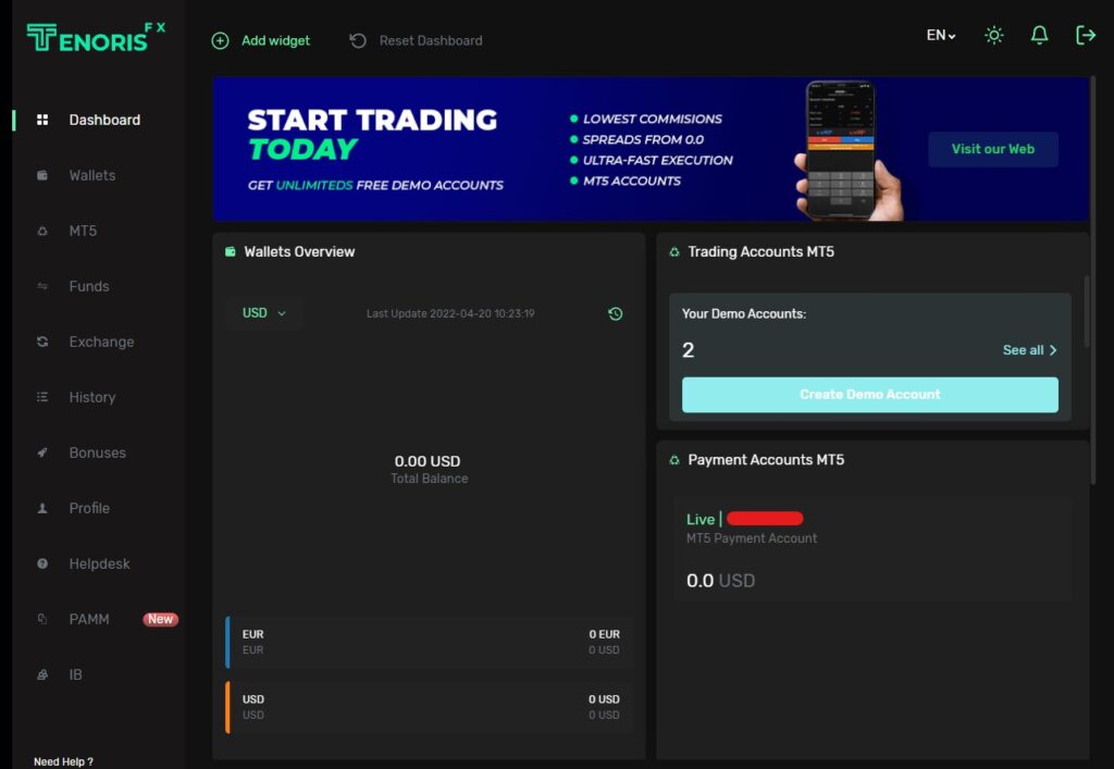 dashboard tenoris fx tradding account